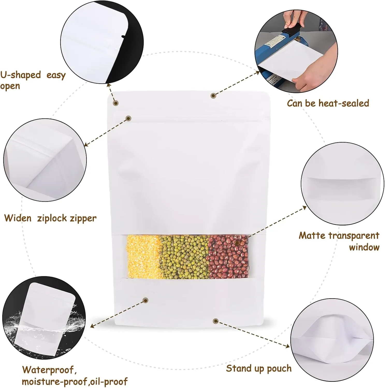 100pcs Kraft Bags with Window 5.9x8.6 Inches White Reusable Sealable Ziplock Food Storage Stand up Paper Pouches for Home or Business