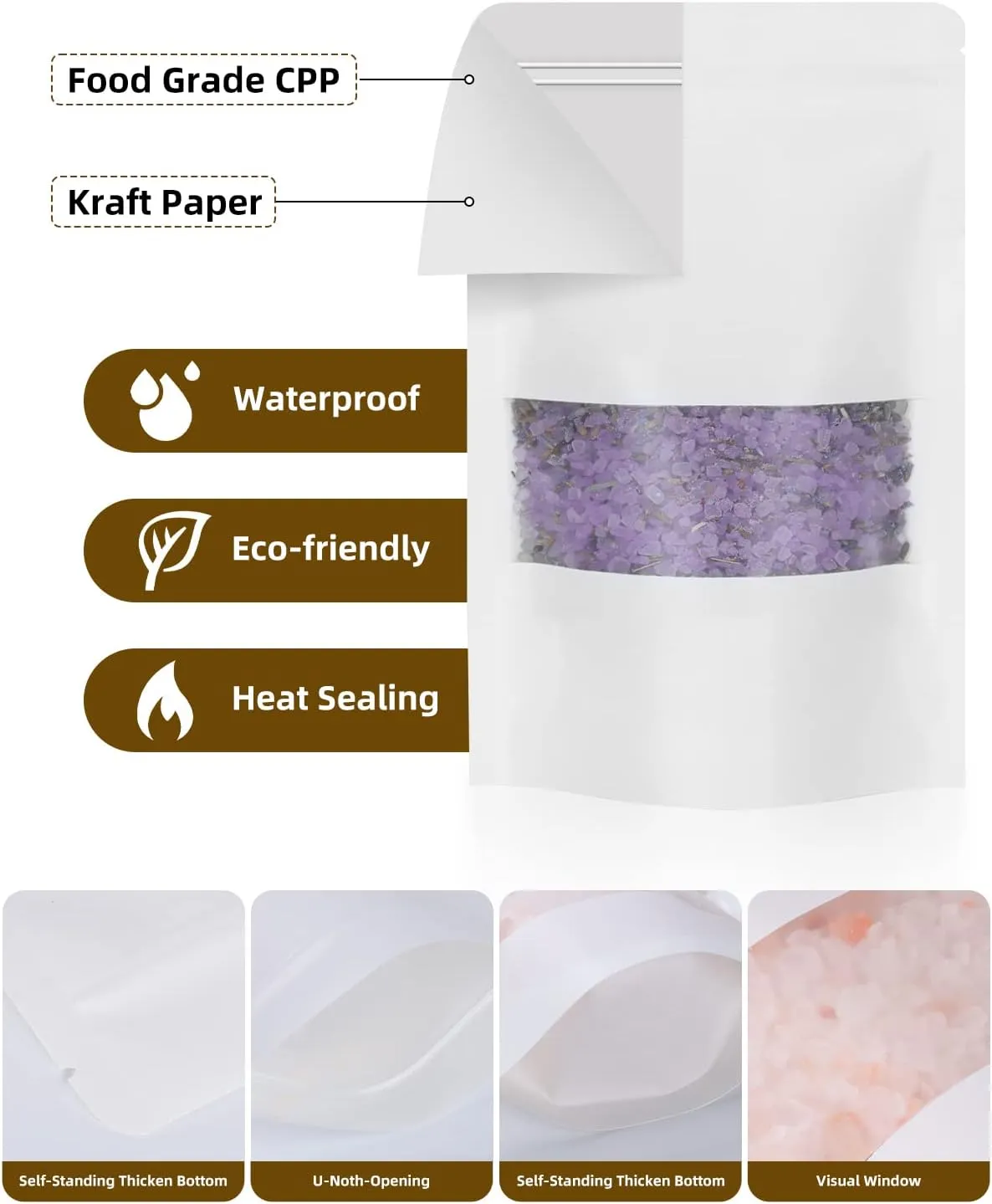 100pcs Kraft Bags with Window 5.9x8.6 Inches White Reusable Sealable Ziplock Food Storage Stand up Paper Pouches for Home or Business