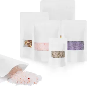 100pcs Kraft Bags with Window 5.9x8.6 Inches White Reusable Sealable Ziplock Food Storage Stand up Paper Pouches for Home or Business