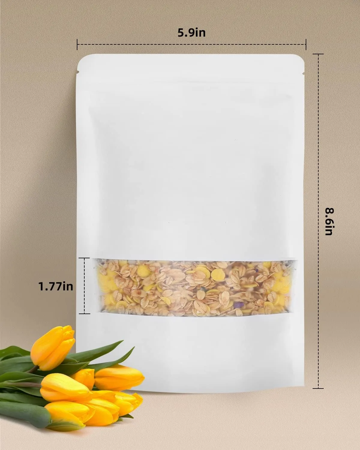 100pcs Kraft Bags with Window 5.9x8.6 Inches White Reusable Sealable Ziplock Food Storage Stand up Paper Pouches for Home or Business