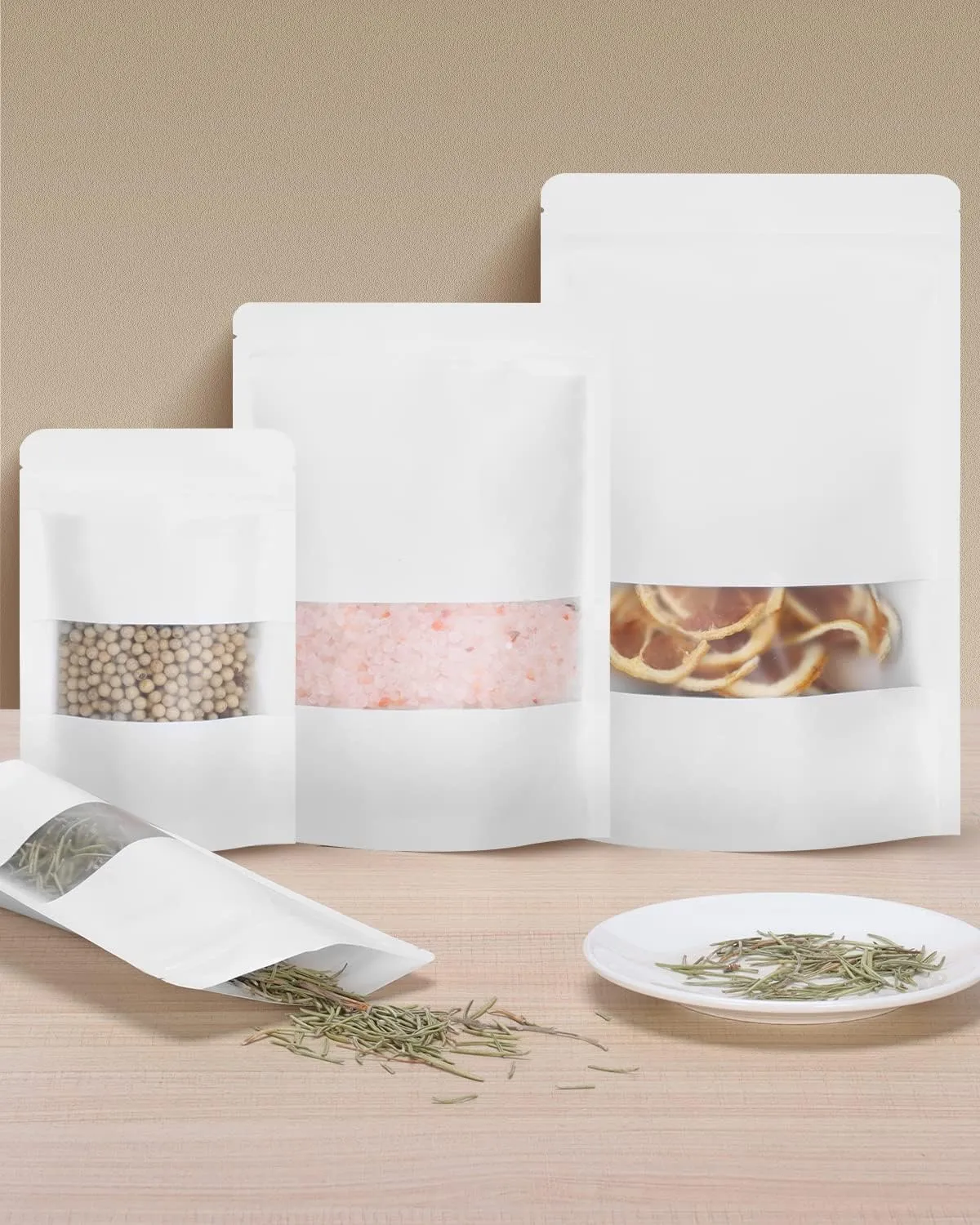 100pcs Kraft Bags with Window 5.9x8.6 Inches White Reusable Sealable Ziplock Food Storage Stand up Paper Pouches for Home or Business