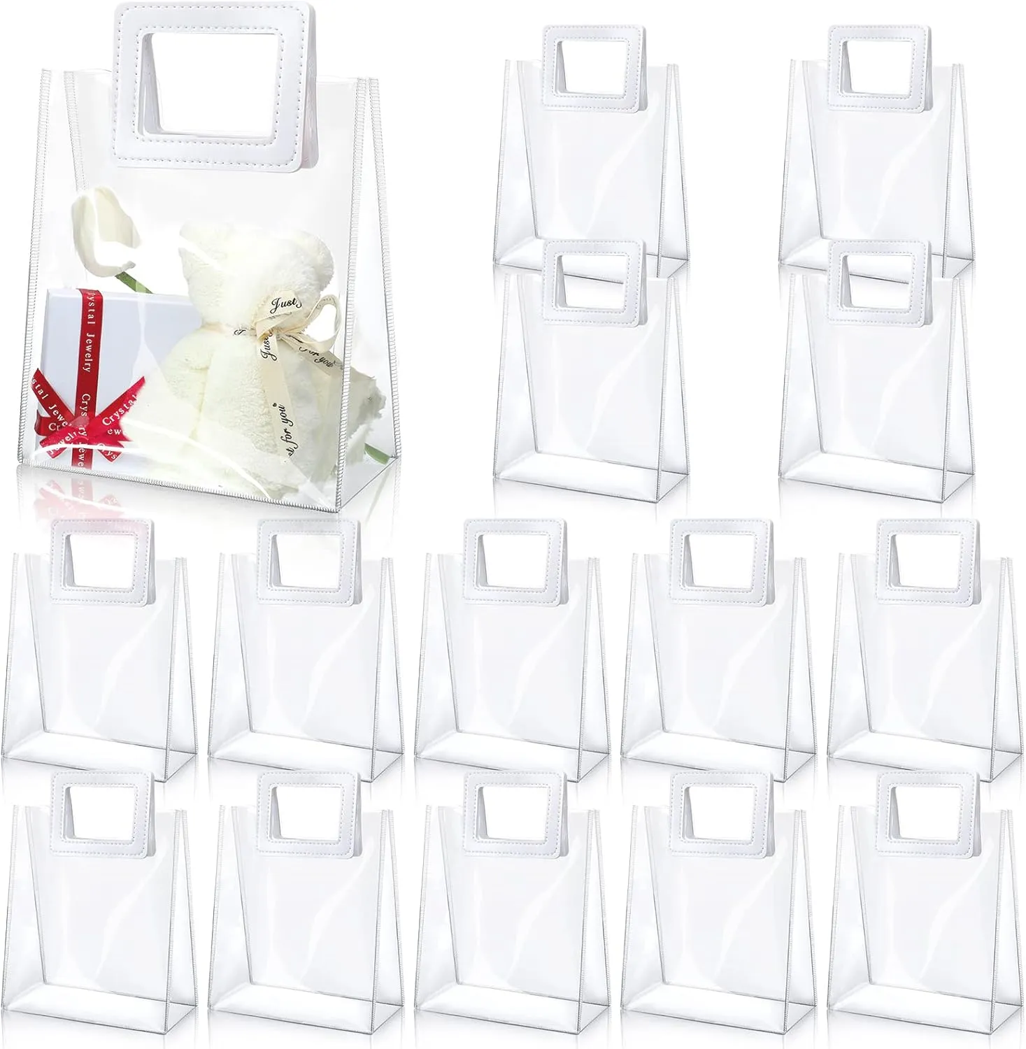 15 Pack Clear Gift Bags with Handles Transparent PVC Gift Bag Heavy Duty Gift Wrap Bags Large Reusable Plastic Bags for Bridal Party Baby Shower Wedding Birthday Shopping Bag (7 x 8 x 4 Inch, White)