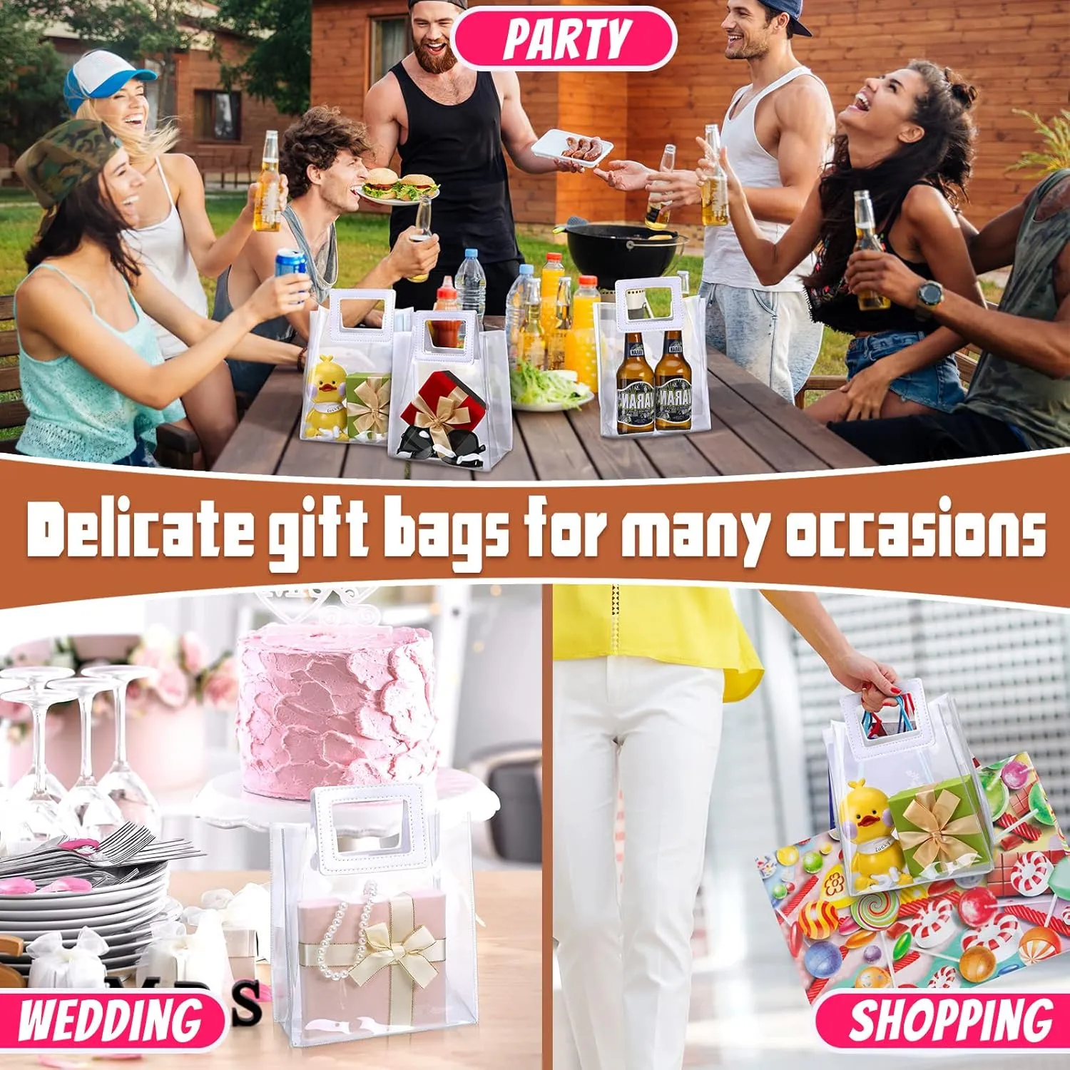 15 Pack Clear Gift Bags with Handles Transparent PVC Gift Bag Heavy Duty Gift Wrap Bags Large Reusable Plastic Bags for Bridal Party Baby Shower Wedding Birthday Shopping Bag (7 x 8 x 4 Inch, White)