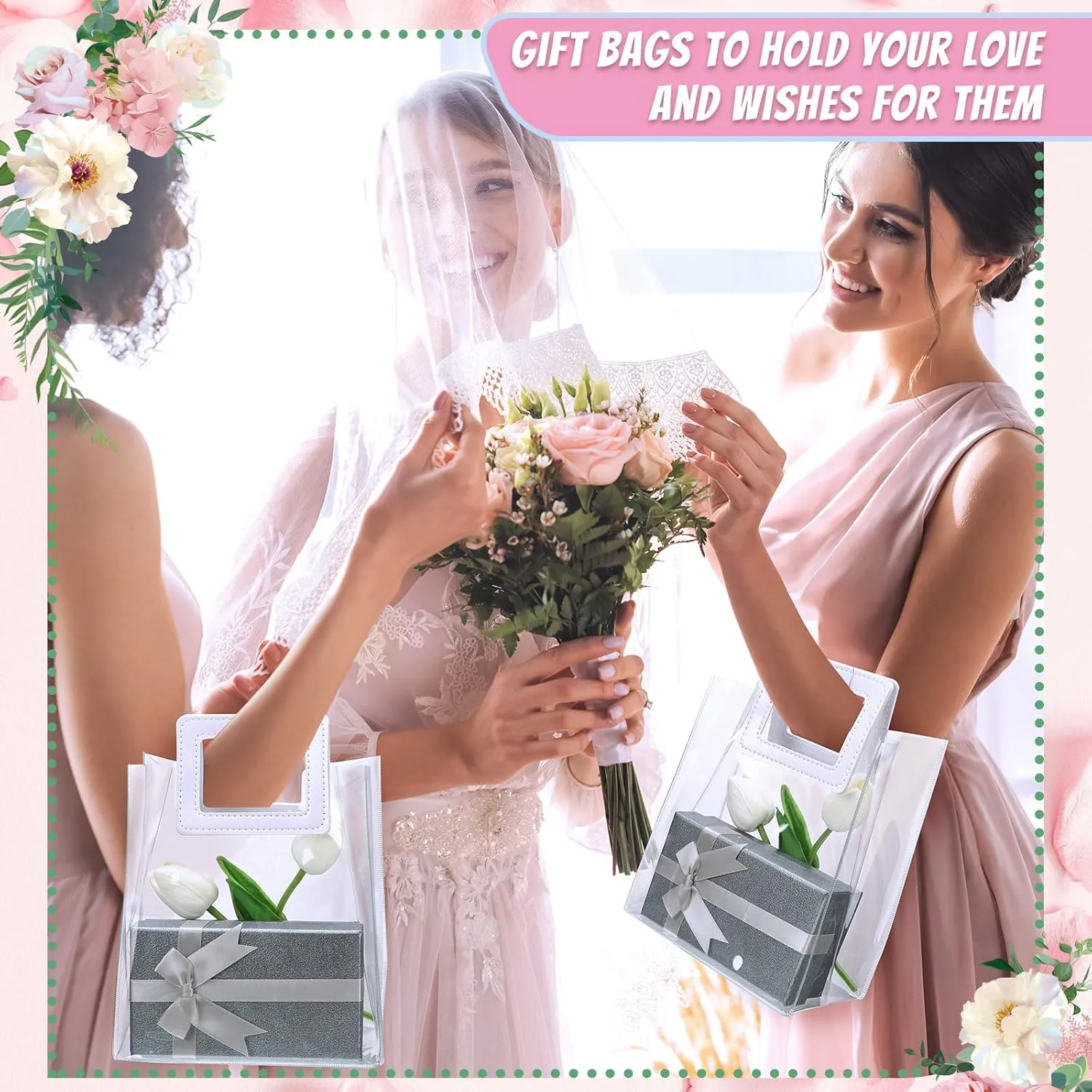 15 Pack Clear Gift Bags with Handles Transparent PVC Gift Bag Heavy Duty Gift Wrap Bags Large Reusable Plastic Bags for Bridal Party Baby Shower Wedding Birthday Shopping Bag (7 x 8 x 4 Inch, White)