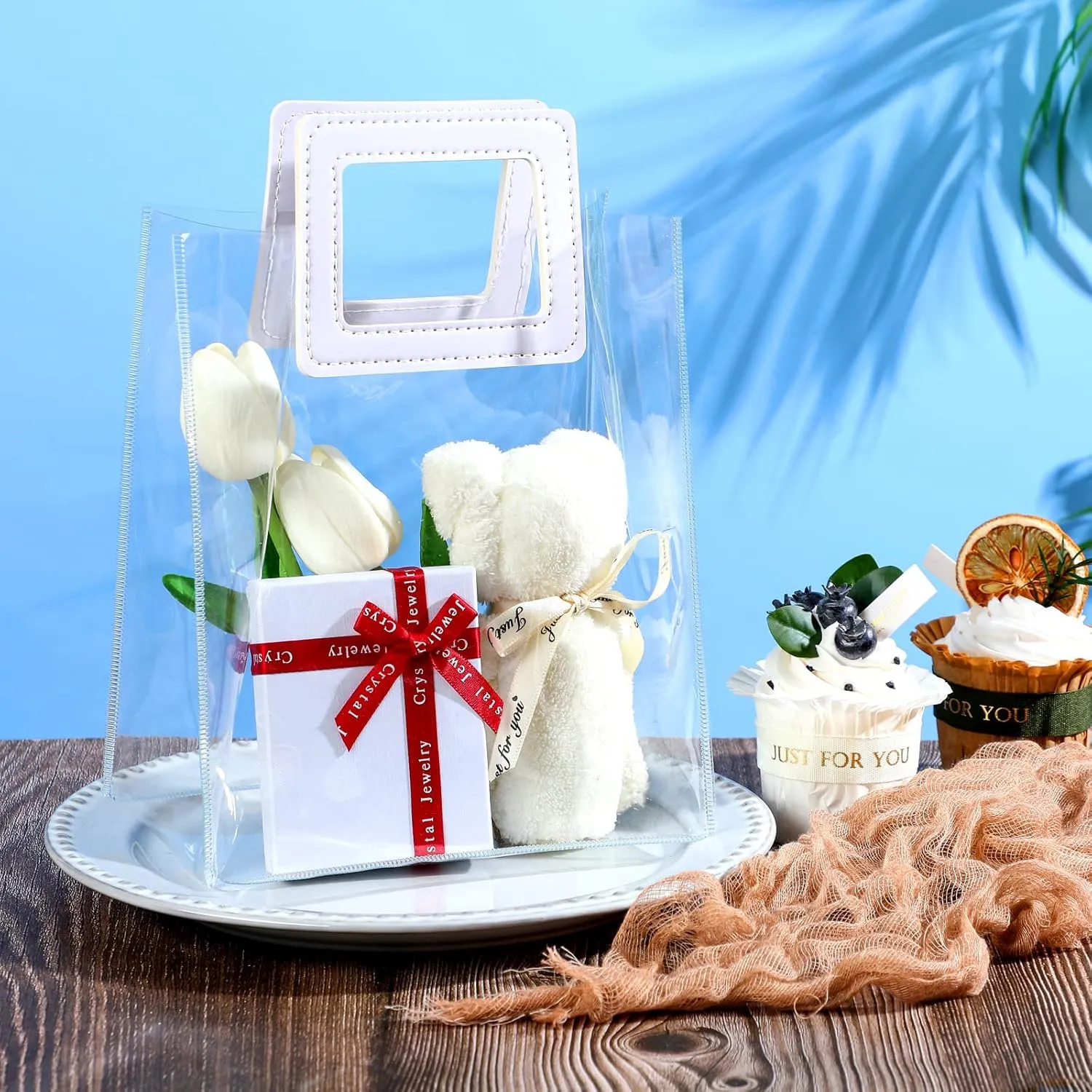 15 Pack Clear Gift Bags with Handles Transparent PVC Gift Bag Heavy Duty Gift Wrap Bags Large Reusable Plastic Bags for Bridal Party Baby Shower Wedding Birthday Shopping Bag (7 x 8 x 4 Inch, White)