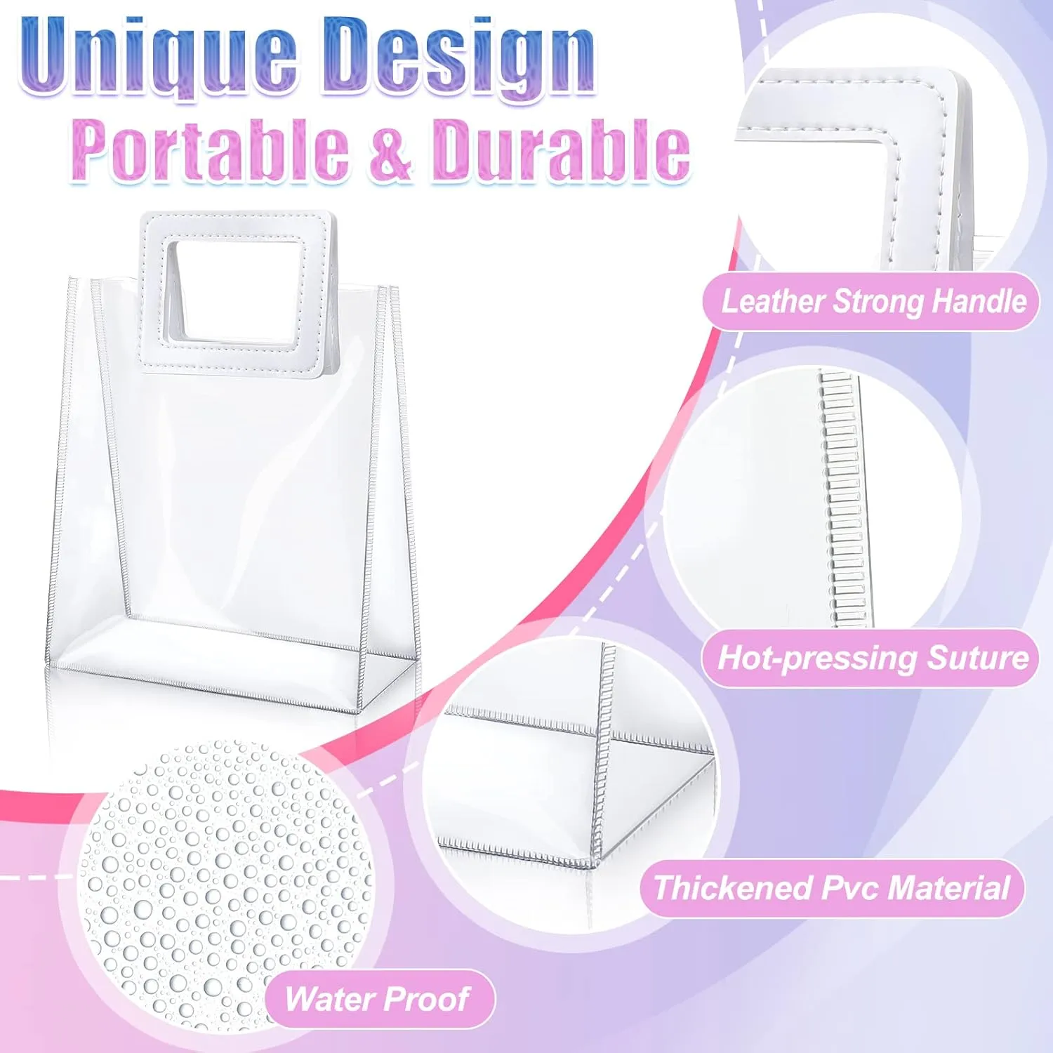 15 Pack Clear Gift Bags with Handles Transparent PVC Gift Bag Heavy Duty Gift Wrap Bags Large Reusable Plastic Bags for Bridal Party Baby Shower Wedding Birthday Shopping Bag (7 x 8 x 4 Inch, White)