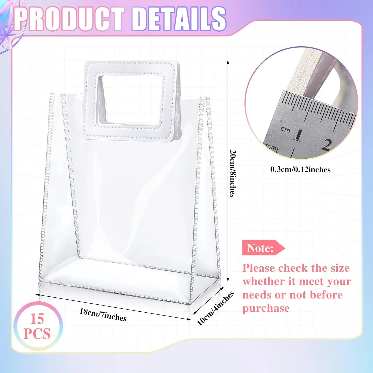 15 Pack Clear Gift Bags with Handles Transparent PVC Gift Bag Heavy Duty Gift Wrap Bags Large Reusable Plastic Bags for Bridal Party Baby Shower Wedding Birthday Shopping Bag (7 x 8 x 4 Inch, White)