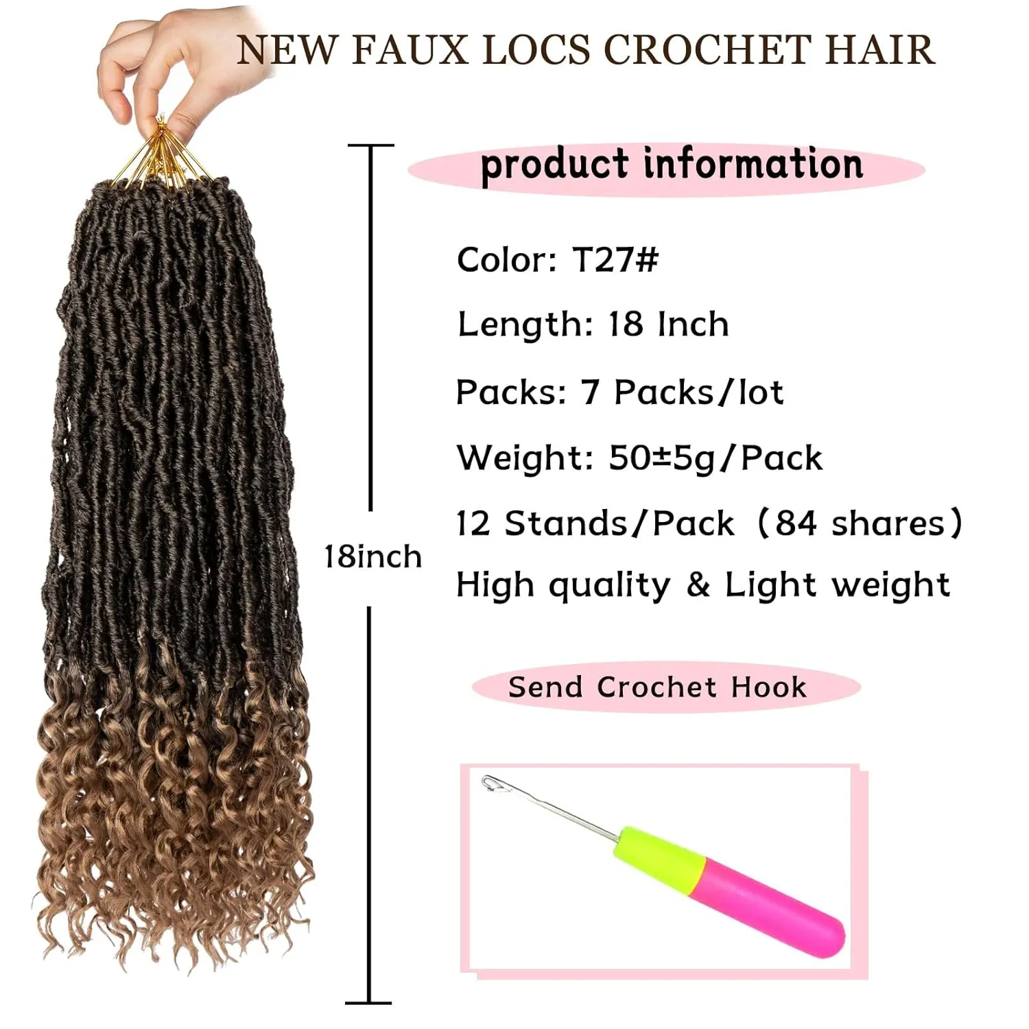 18 Inch New Faux Locs Crochet Braids With Curly Ends 7 Packs Pre-looped Goddess Faux Locs Crochet Hair Synthetic Soft Locs Hair Extensions for Women (12Strands/pack T27#)