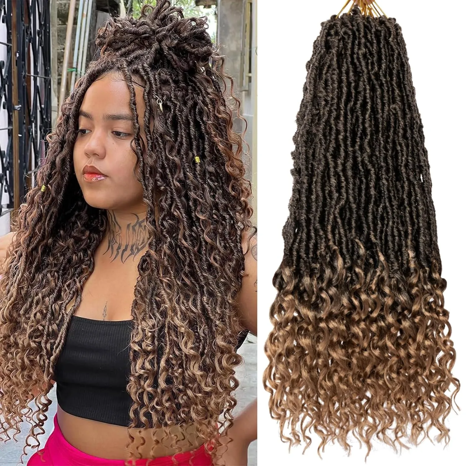 18 Inch New Faux Locs Crochet Braids With Curly Ends 7 Packs Pre-looped Goddess Faux Locs Crochet Hair Synthetic Soft Locs Hair Extensions for Women (12Strands/pack T27#)