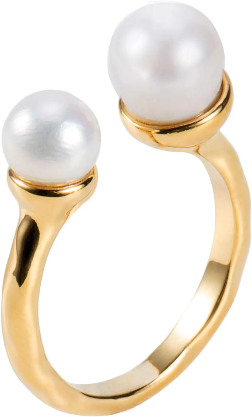18K Gold Plated Freshwater Cultured Pearl Ring Gold Knuckle Rings Two Pearls Open Midi Ring Open Cuff Wrap Band
