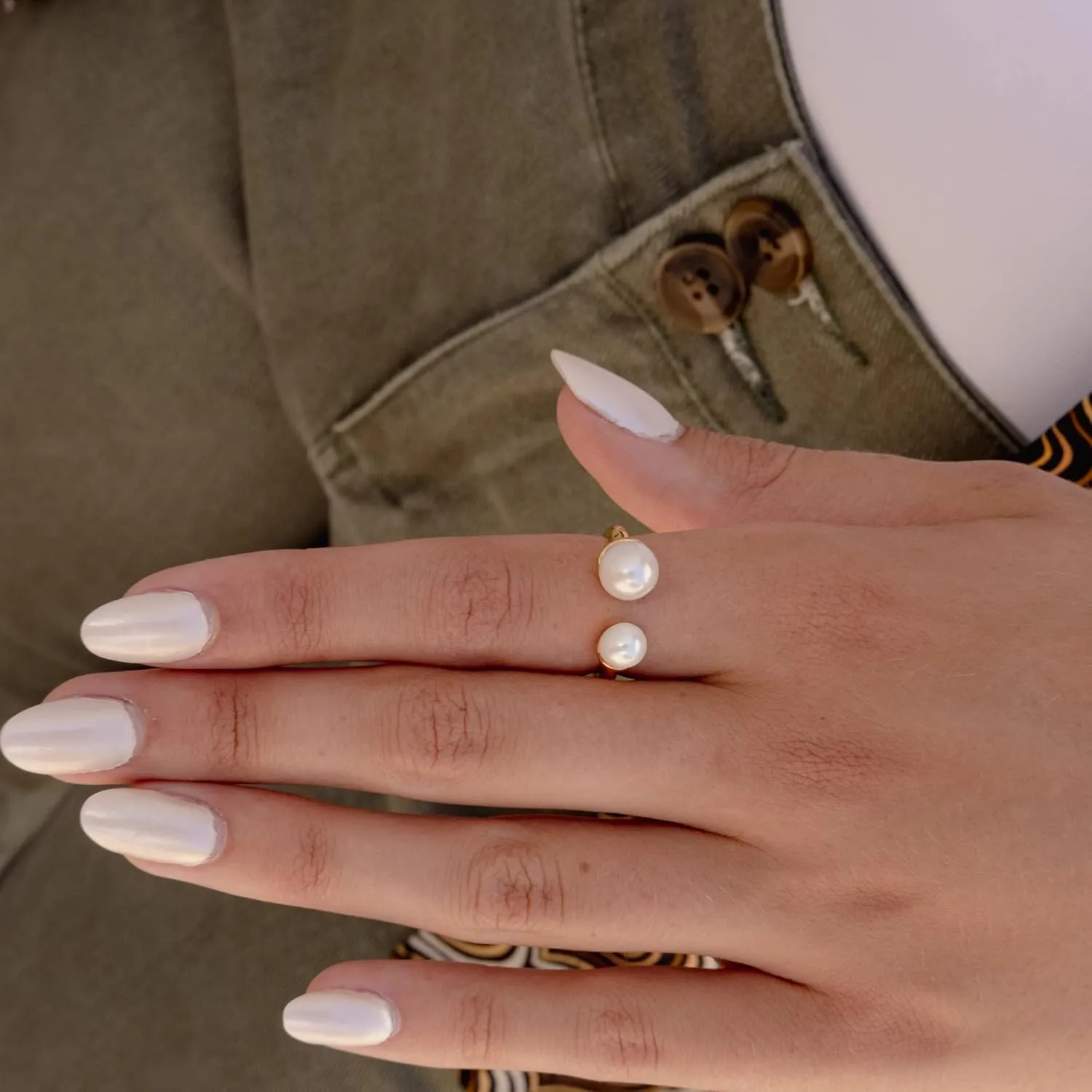 18K Gold Plated Freshwater Cultured Pearl Ring Gold Knuckle Rings Two Pearls Open Midi Ring Open Cuff Wrap Band