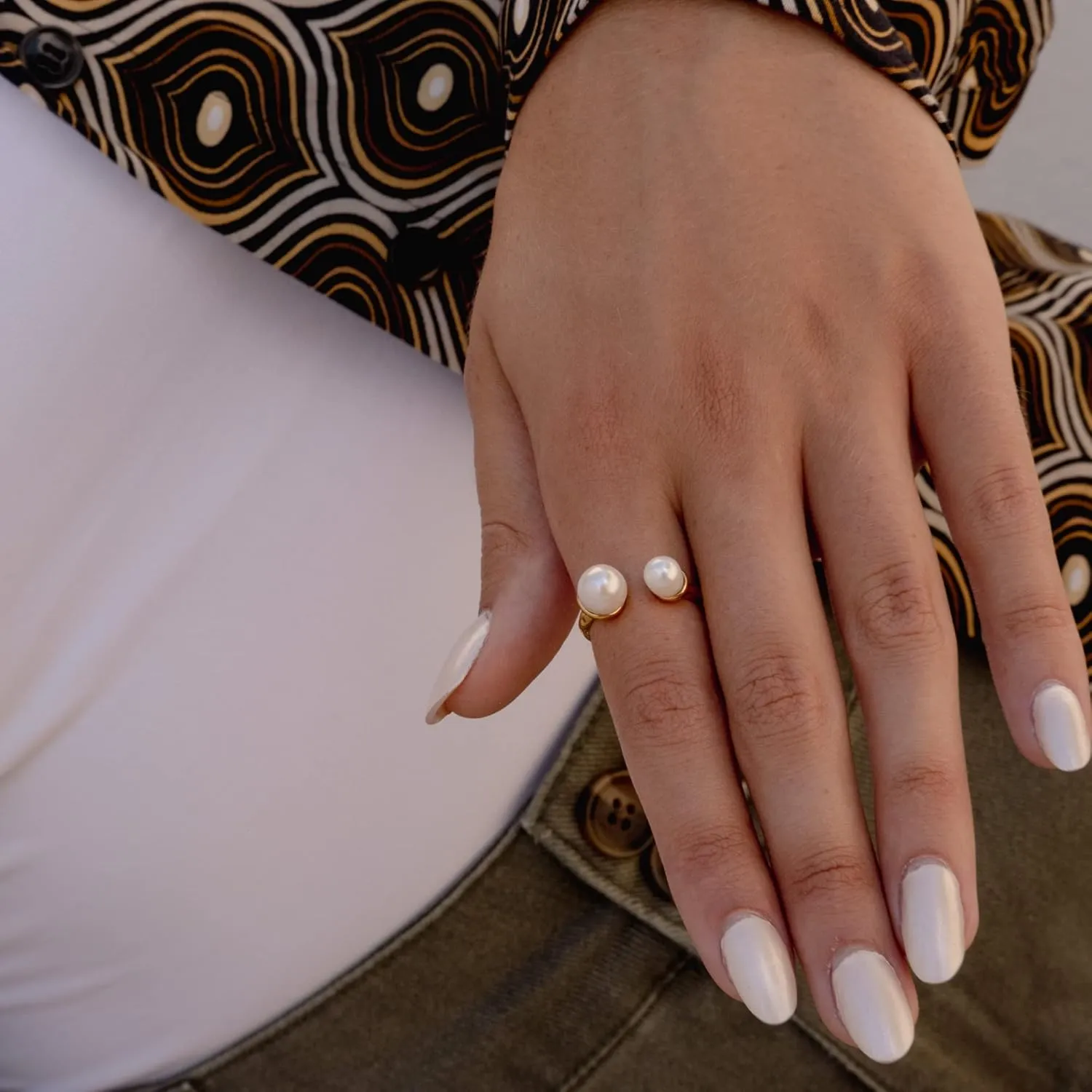18K Gold Plated Freshwater Cultured Pearl Ring Gold Knuckle Rings Two Pearls Open Midi Ring Open Cuff Wrap Band