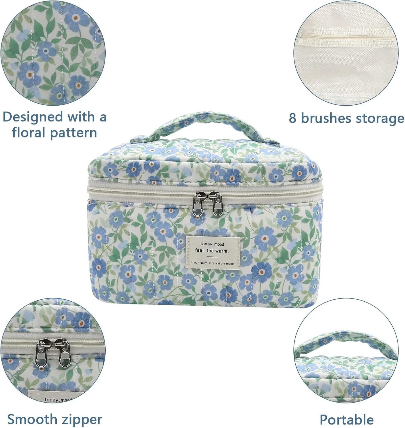 1pc Large Makeup Bag, Cute Cosmetic Bag for Women Girls, Floral Coquette Aesthetic Toiletry Bag, Travel Make Up Organizer Bag (Blue Crushed Flower)
