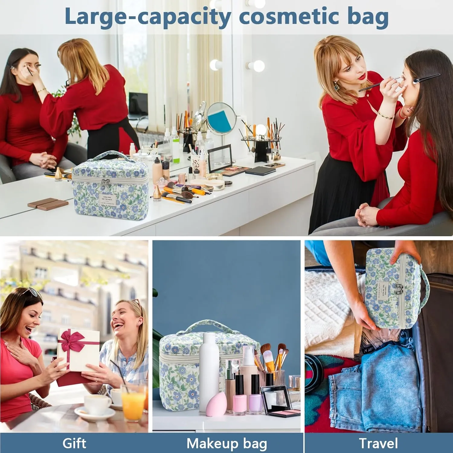1pc Large Makeup Bag, Cute Cosmetic Bag for Women Girls, Floral Coquette Aesthetic Toiletry Bag, Travel Make Up Organizer Bag (Blue Crushed Flower)