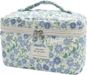 1pc Large Makeup Bag, Cute Cosmetic Bag for Women Girls, Floral Coquette Aesthetic Toiletry Bag, Travel Make Up Organizer Bag (Blue Crushed Flower)