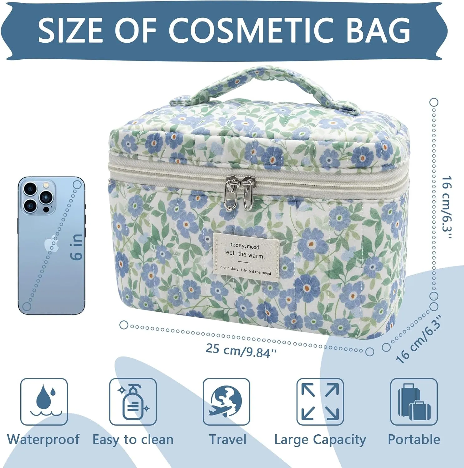 1pc Large Makeup Bag, Cute Cosmetic Bag for Women Girls, Floral Coquette Aesthetic Toiletry Bag, Travel Make Up Organizer Bag (Blue Crushed Flower)