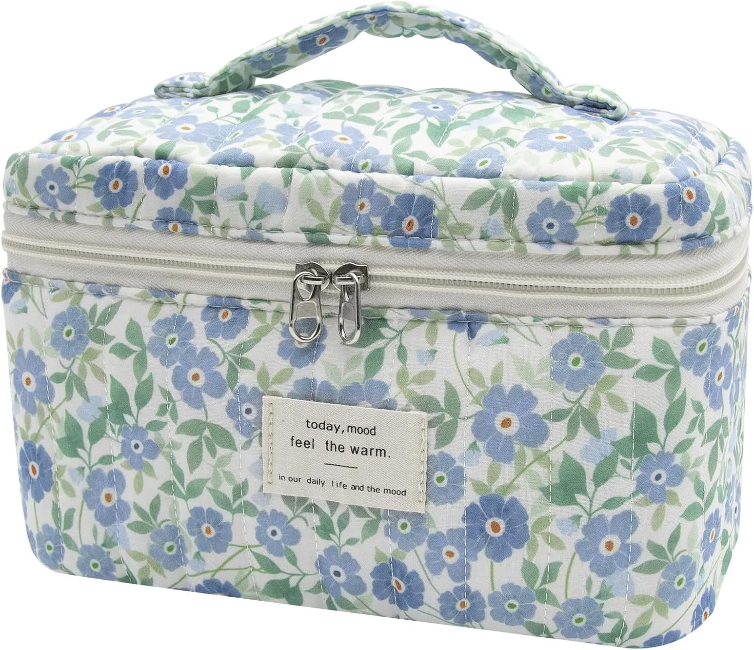 1pc Large Makeup Bag, Cute Cosmetic Bag for Women Girls, Floral Coquette Aesthetic Toiletry Bag, Travel Make Up Organizer Bag (Blue Crushed Flower)