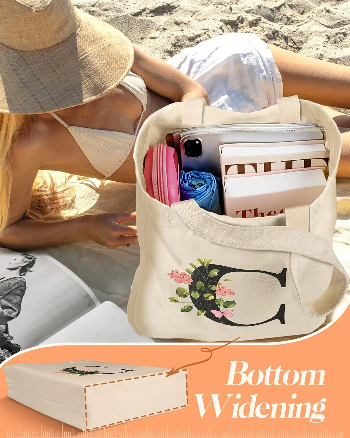 2 Pack Initials Canvas Tote Bag - with Makeup Pouch Bag Aesthetic Cotton Reusable Grocery Monogrammed Bag