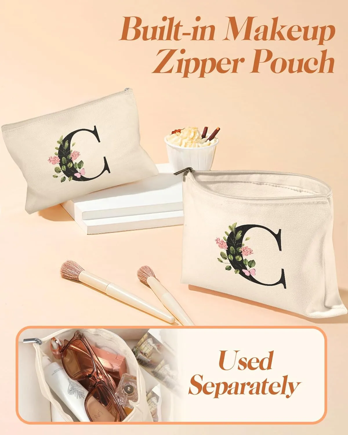 2 Pack Initials Canvas Tote Bag - with Makeup Pouch Bag Aesthetic Cotton Reusable Grocery Monogrammed Bag