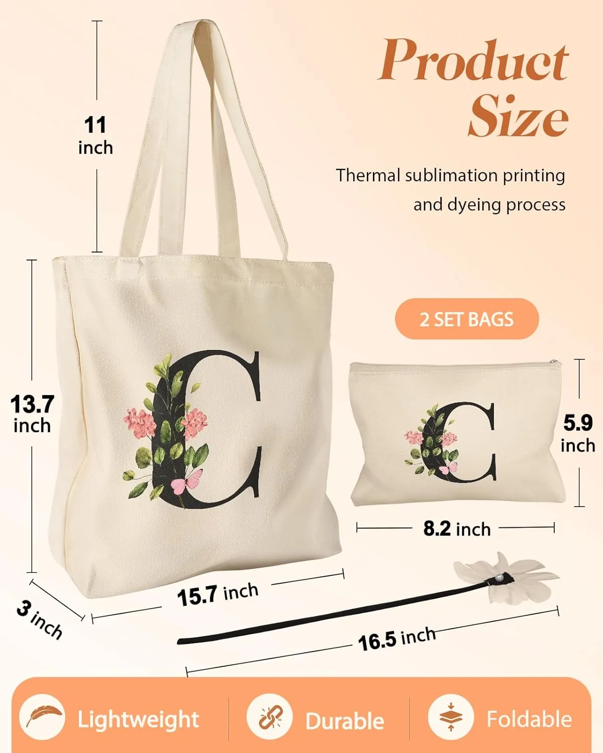 2 Pack Initials Canvas Tote Bag - with Makeup Pouch Bag Aesthetic Cotton Reusable Grocery Monogrammed Bag