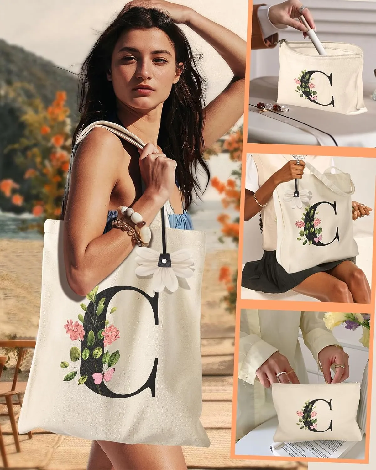 2 Pack Initials Canvas Tote Bag - with Makeup Pouch Bag Aesthetic Cotton Reusable Grocery Monogrammed Bag