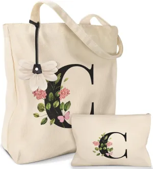2 Pack Initials Canvas Tote Bag - with Makeup Pouch Bag Aesthetic Cotton Reusable Grocery Monogrammed Bag