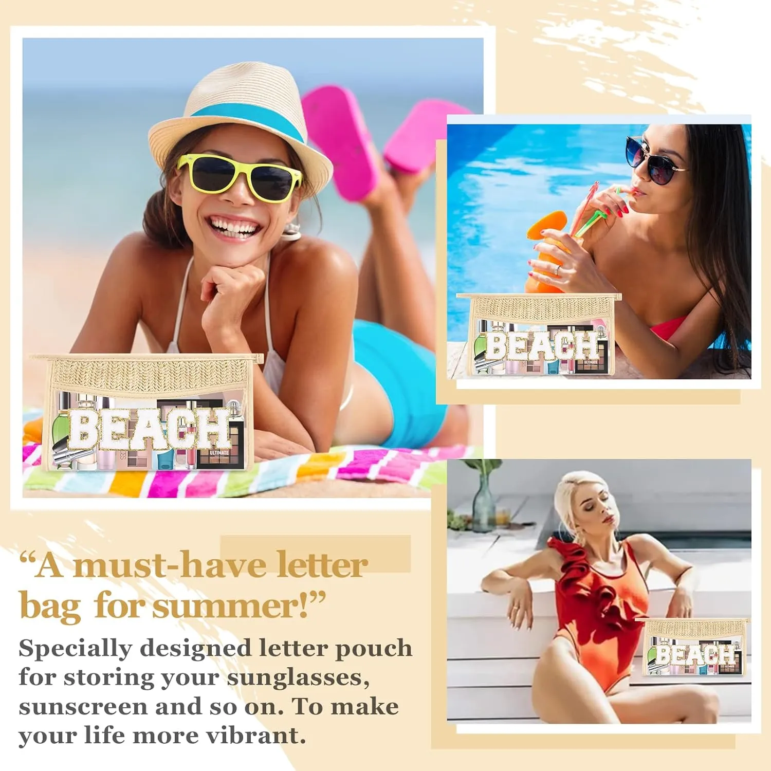 2 Pcs Boho Straw Clear Makeup Letter Bag BEACH Pouch, Sunscreen Bags for Beach Travel Small Cute Chenille Letter SPF Bag Pouch,Waterproof Beach Toiletry Sun Bag Best Beach Accessories for Women(BEACH)