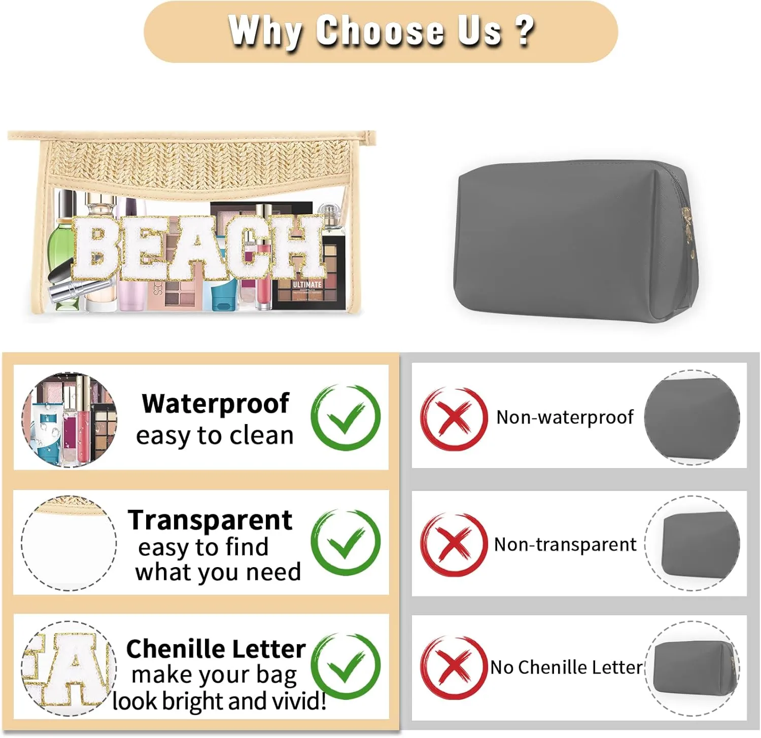 2 Pcs Boho Straw Clear Makeup Letter Bag BEACH Pouch, Sunscreen Bags for Beach Travel Small Cute Chenille Letter SPF Bag Pouch,Waterproof Beach Toiletry Sun Bag Best Beach Accessories for Women(BEACH)