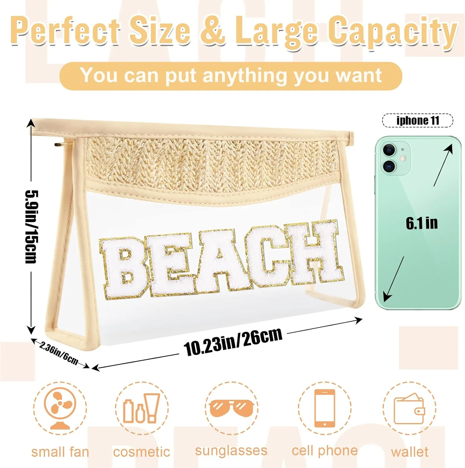 2 Pcs Boho Straw Clear Makeup Letter Bag BEACH Pouch, Sunscreen Bags for Beach Travel Small Cute Chenille Letter SPF Bag Pouch,Waterproof Beach Toiletry Sun Bag Best Beach Accessories for Women(BEACH)