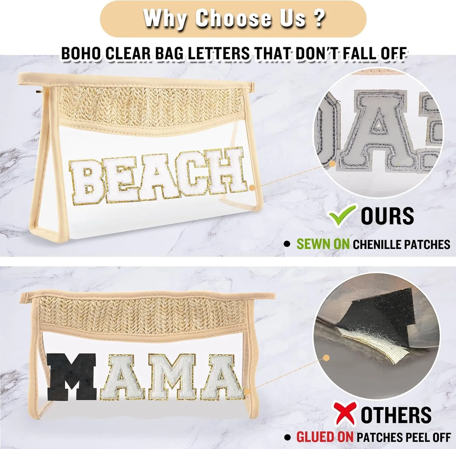 2 Pcs Boho Straw Clear Makeup Letter Bag BEACH Pouch, Sunscreen Bags for Beach Travel Small Cute Chenille Letter SPF Bag Pouch,Waterproof Beach Toiletry Sun Bag Best Beach Accessories for Women(BEACH)