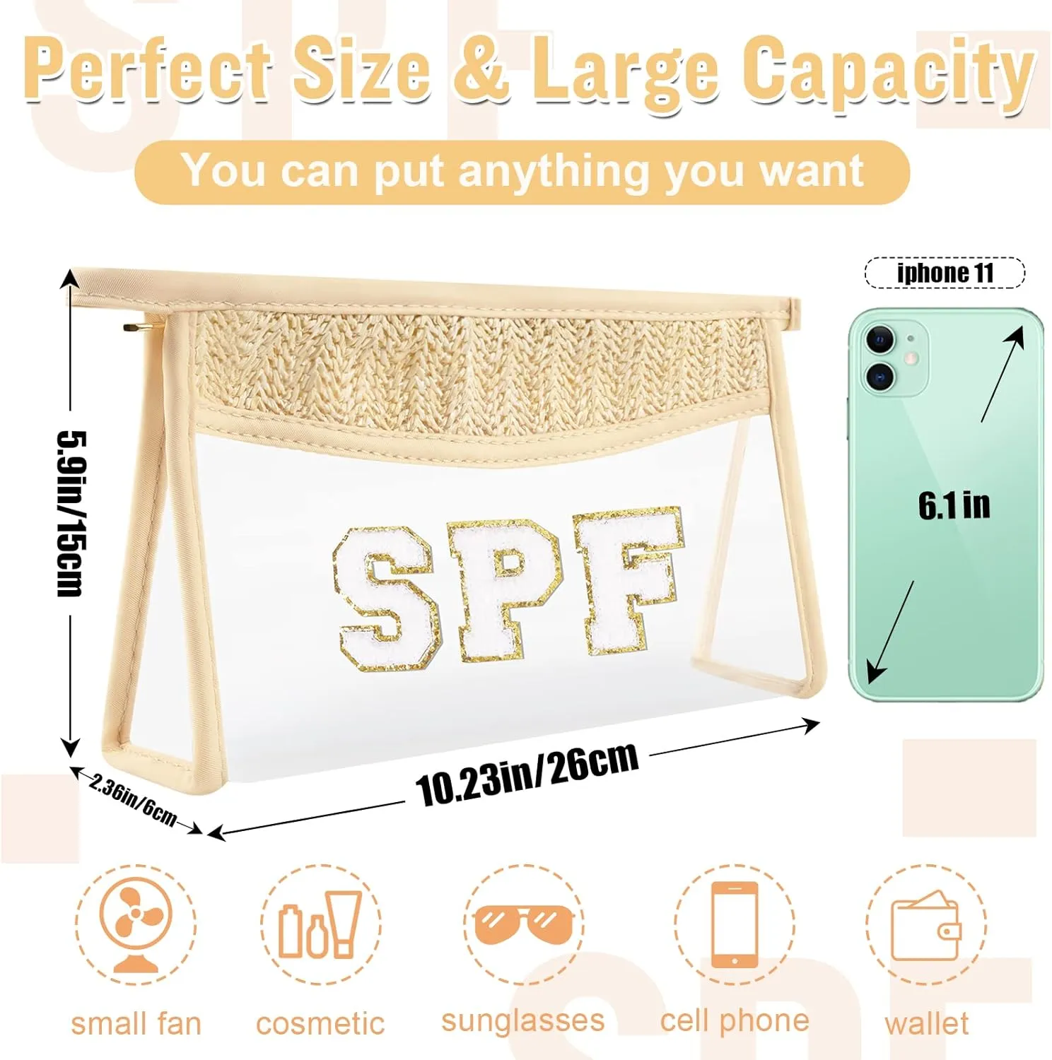 2 Pcs Boho Straw Clear Makeup Letter Pouch, Sunscreen Bags for Travel Beach, Waterproof SPF Best Beach Accessories
