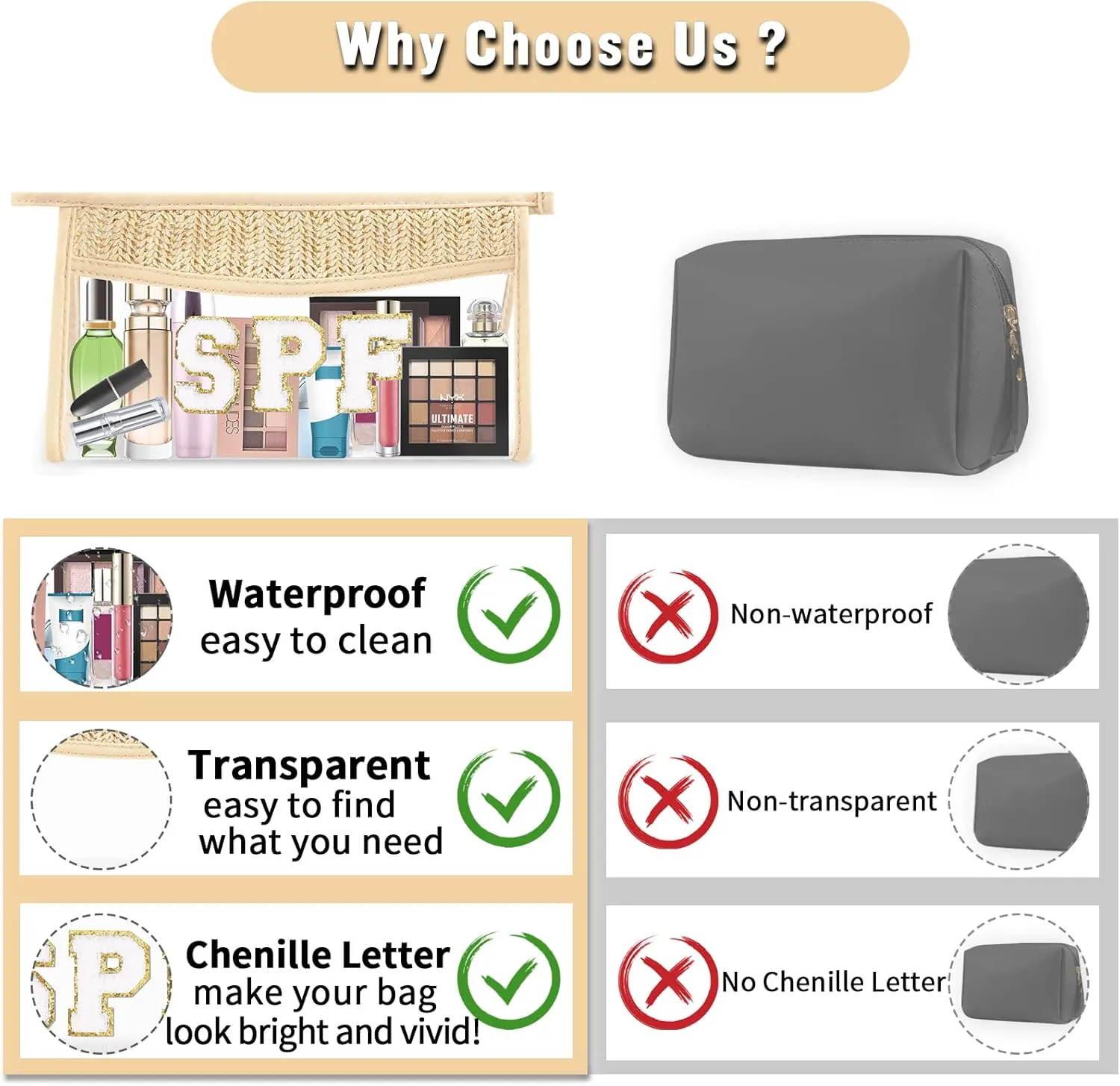 2 Pcs Boho Straw Clear Makeup Letter Pouch, Sunscreen Bags for Travel Beach, Waterproof SPF Best Beach Accessories