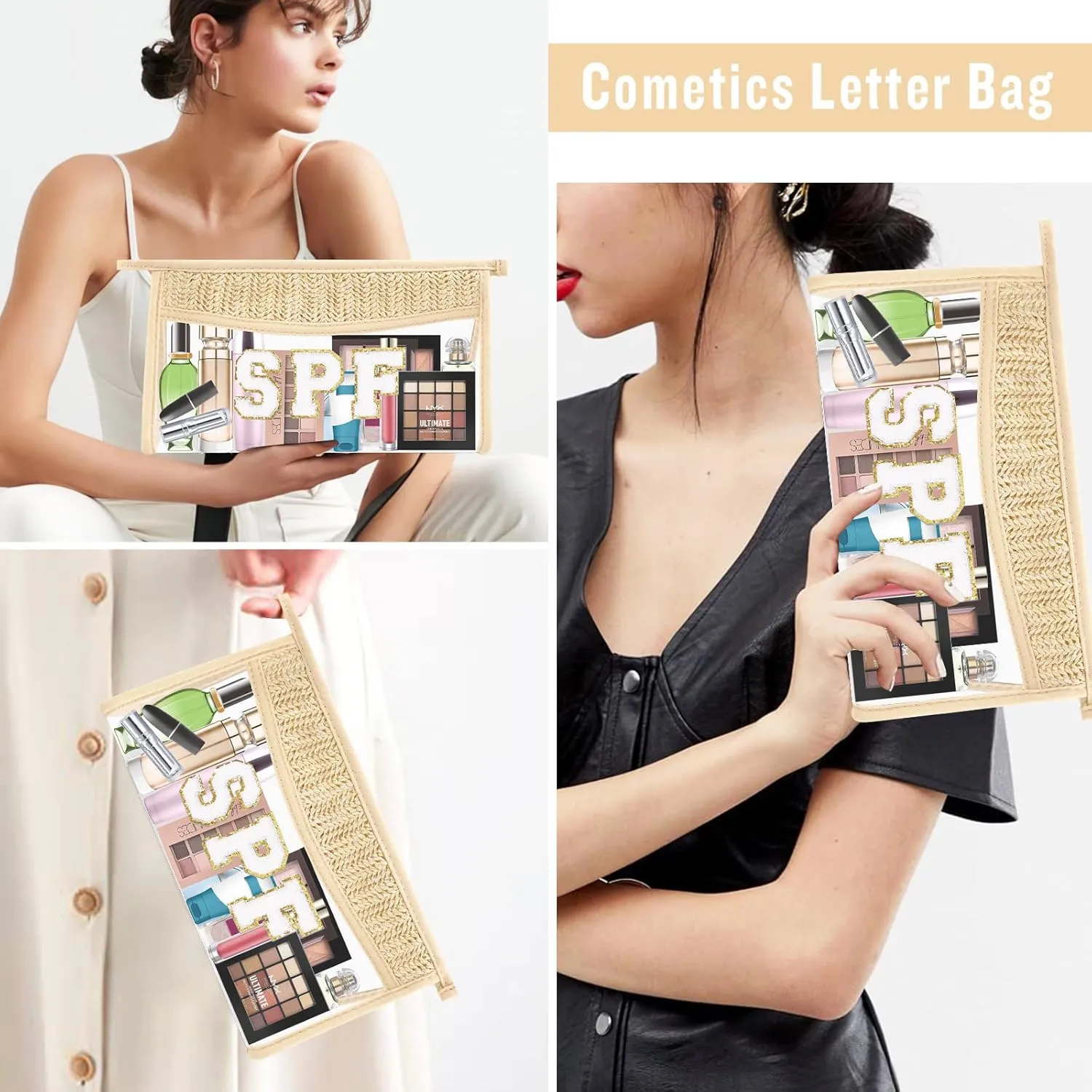2 Pcs Boho Straw Clear Makeup Letter Pouch, Sunscreen Bags for Travel Beach, Waterproof SPF Best Beach Accessories