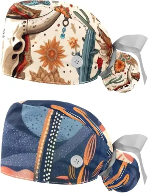 2 Pcs Women’s Working Caps with Button Wild West Cowboy Boot Animal Skull Cacti Arrows Long Hair Cover Ribbon Lace-Up Hat Multicoloured
