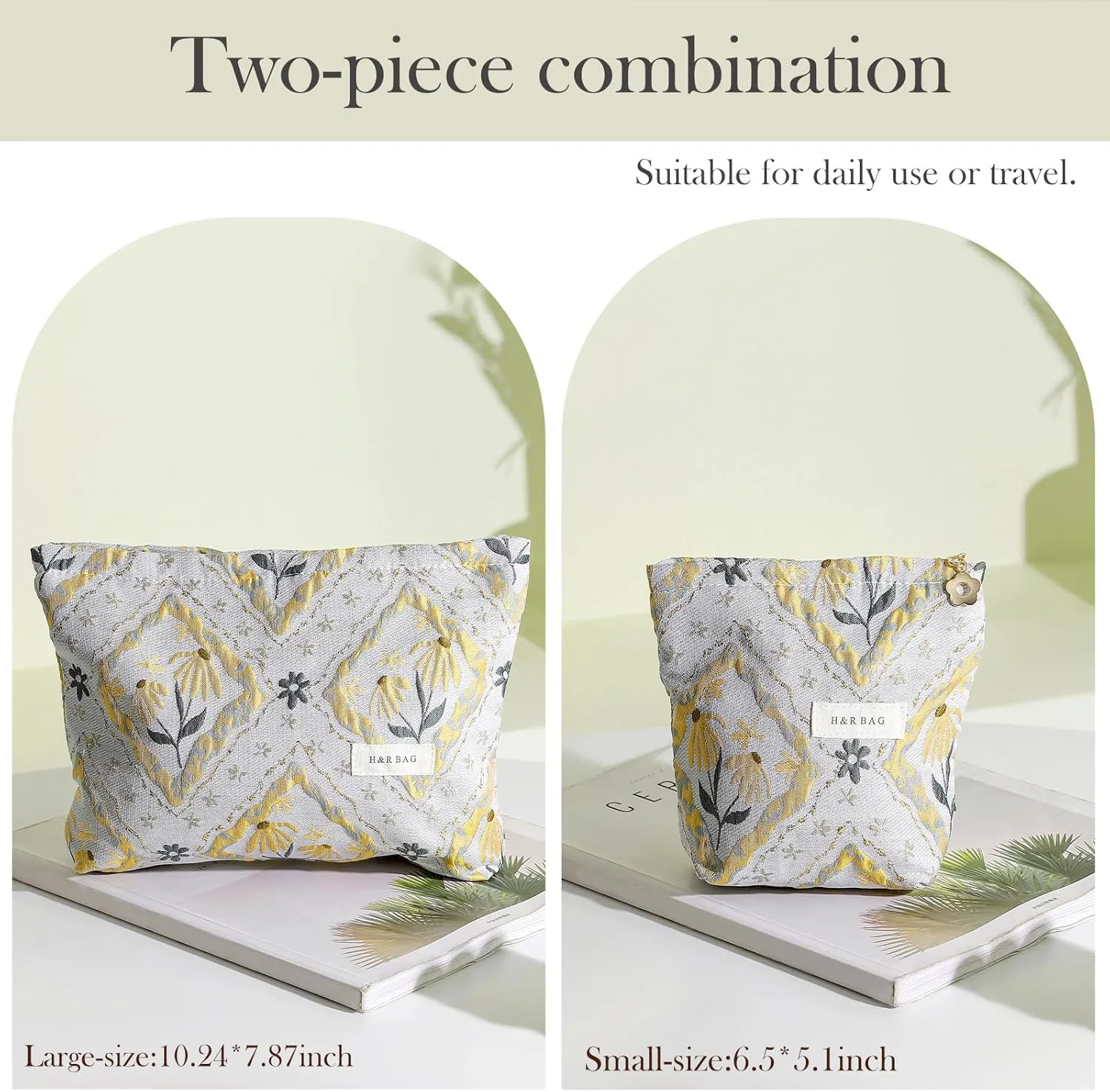 2 Pieces Travel Makeup Pouch,Large Capacity Cosmetic Bag for Women,Sage Green Flower Relief Cosmetic Organizer,Portable Toiletry Pouch,Seal with Zipper