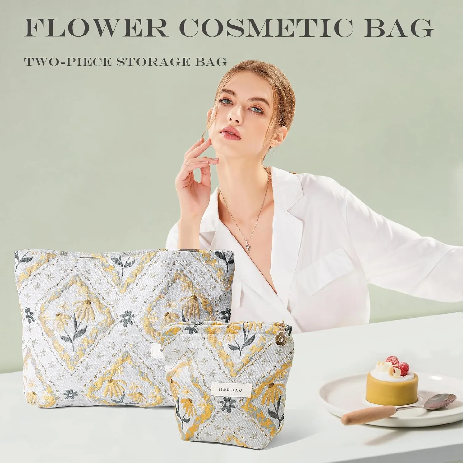 2 Pieces Travel Makeup Pouch,Large Capacity Cosmetic Bag for Women,Sage Green Flower Relief Cosmetic Organizer,Portable Toiletry Pouch,Seal with Zipper