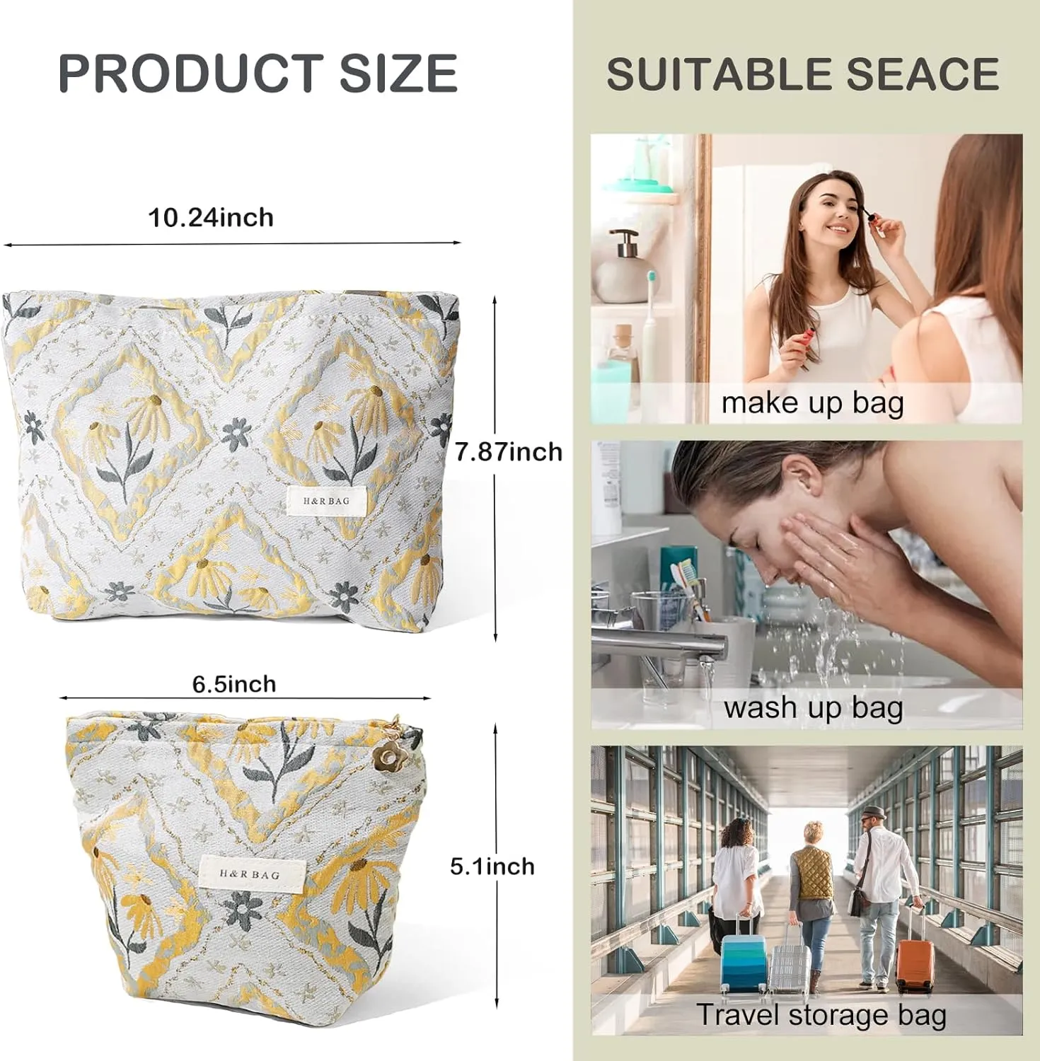 2 Pieces Travel Makeup Pouch,Large Capacity Cosmetic Bag for Women,Sage Green Flower Relief Cosmetic Organizer,Portable Toiletry Pouch,Seal with Zipper