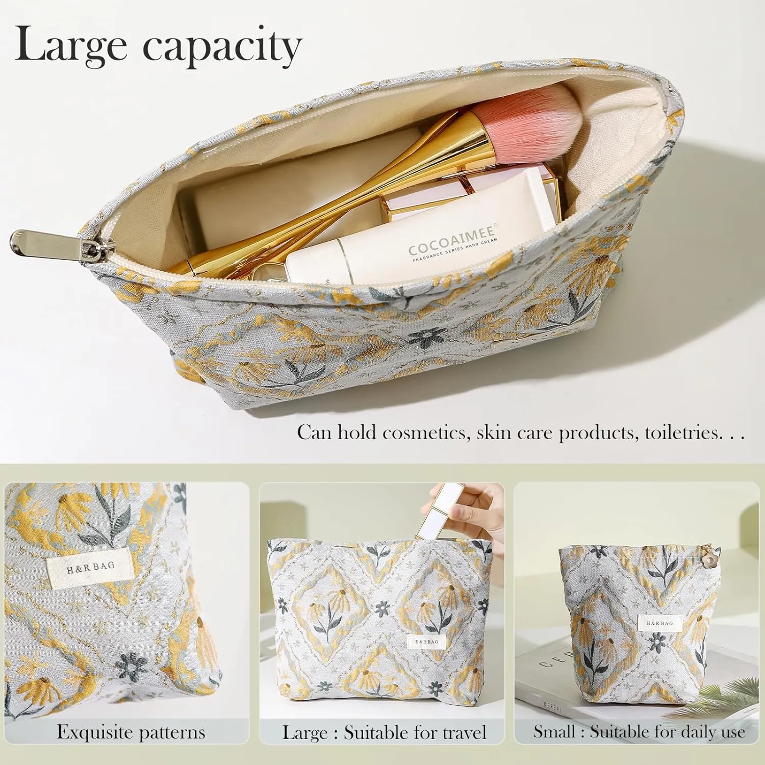 2 Pieces Travel Makeup Pouch,Large Capacity Cosmetic Bag for Women,Sage Green Flower Relief Cosmetic Organizer,Portable Toiletry Pouch,Seal with Zipper