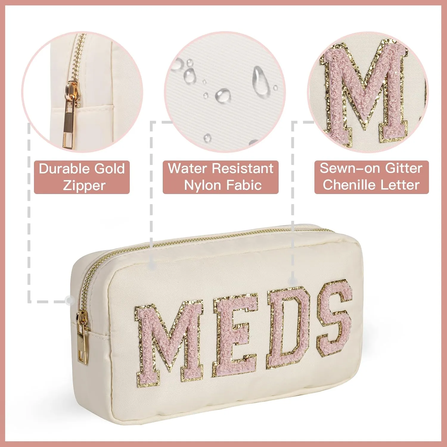 2pcs Personalized Chenille Letter Patch MEDS and RX Bags Set,Cute Nylon Drug Medicine Travel Makeup Bag with Zipper, Preppy Vitamin Organizer Bag for Women and Girls (RX MEDS Beige)
