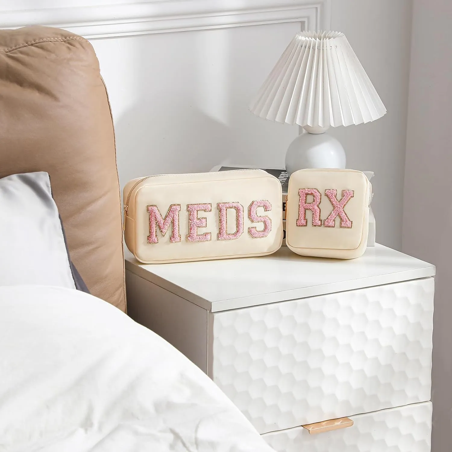 2pcs Personalized Chenille Letter Patch MEDS and RX Bags Set,Cute Nylon Drug Medicine Travel Makeup Bag with Zipper, Preppy Vitamin Organizer Bag for Women and Girls (RX MEDS Beige)