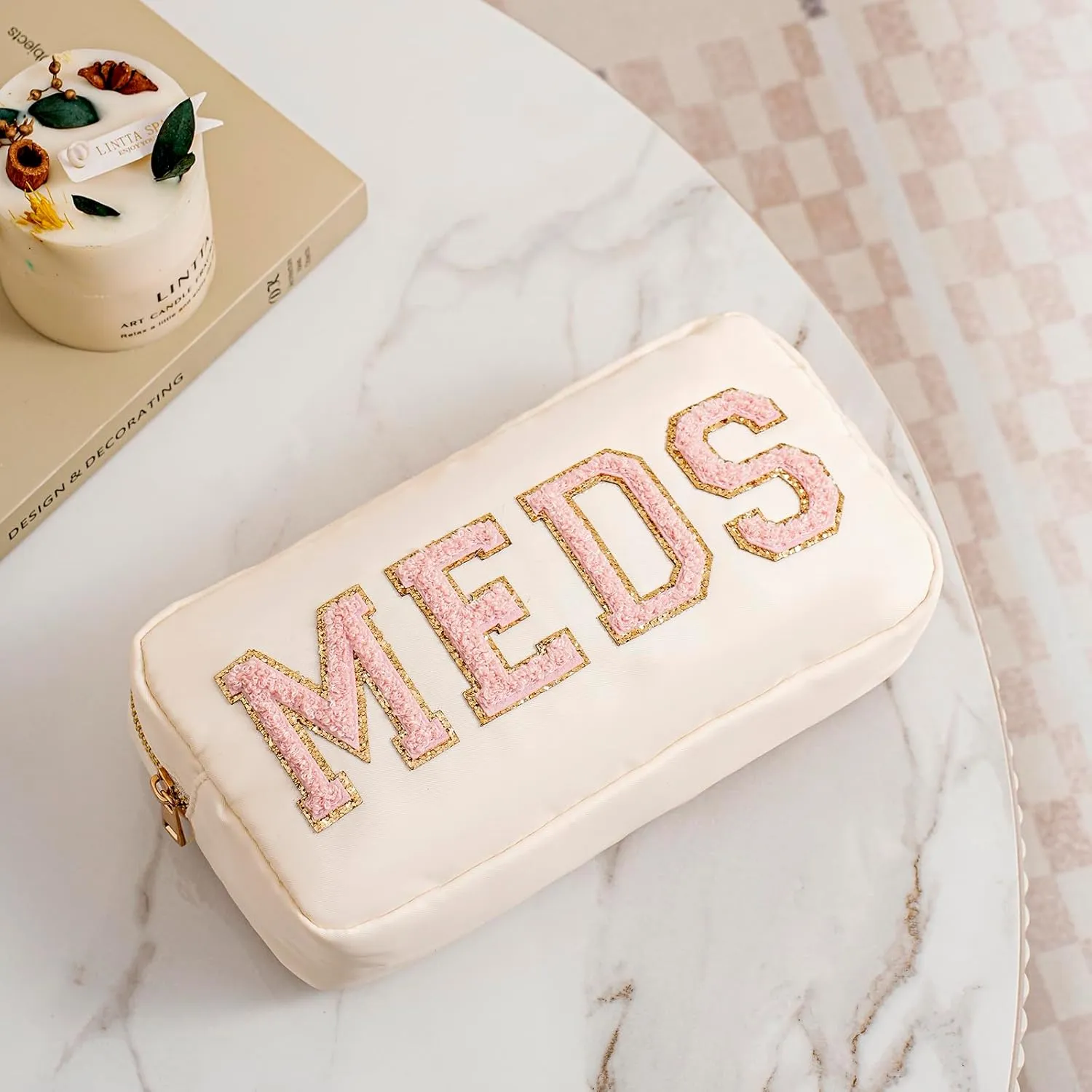 2pcs Personalized Chenille Letter Patch MEDS and RX Bags Set,Cute Nylon Drug Medicine Travel Makeup Bag with Zipper, Preppy Vitamin Organizer Bag for Women and Girls (RX MEDS Beige)
