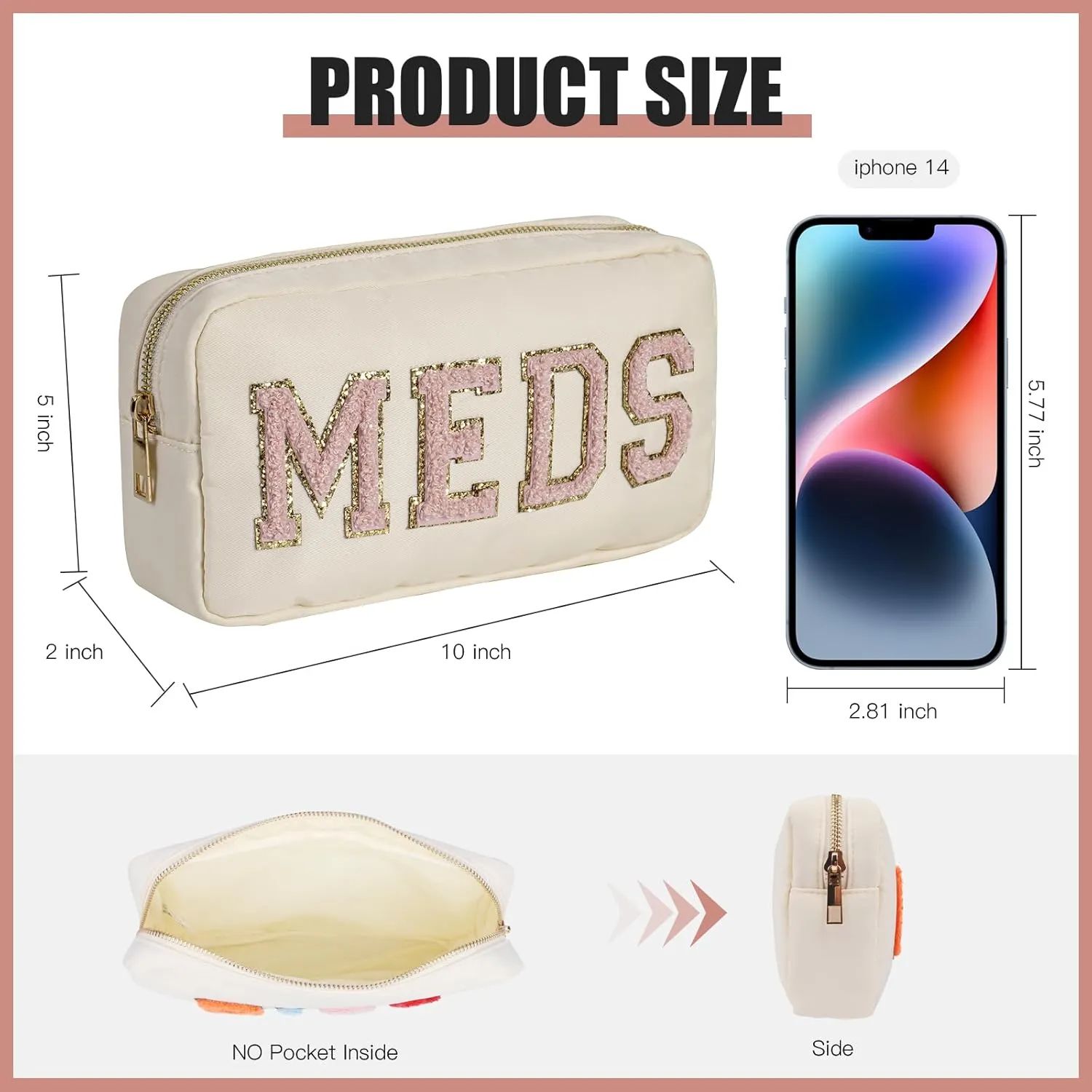 2pcs Personalized Chenille Letter Patch MEDS and RX Bags Set,Cute Nylon Drug Medicine Travel Makeup Bag with Zipper, Preppy Vitamin Organizer Bag for Women and Girls (RX MEDS Beige)