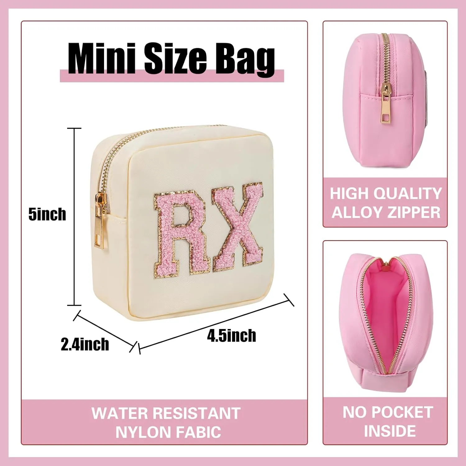 2pcs Personalized Chenille Letter Patch MEDS and RX Bags Set,Cute Nylon Drug Medicine Travel Makeup Bag with Zipper, Preppy Vitamin Organizer Bag for Women and Girls (RX MEDS Beige)