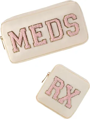 2pcs Personalized Chenille Letter Patch MEDS and RX Bags Set,Cute Nylon Drug Medicine Travel Makeup Bag with Zipper, Preppy Vitamin Organizer Bag for Women and Girls (RX MEDS Beige)