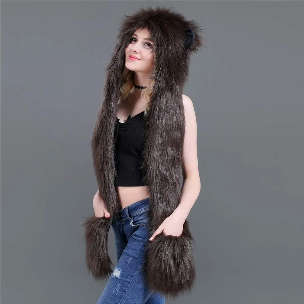 3 in 1 Function Faux Fur Animal Hood Hat Scarf and Paw Glove Furry Hoodie