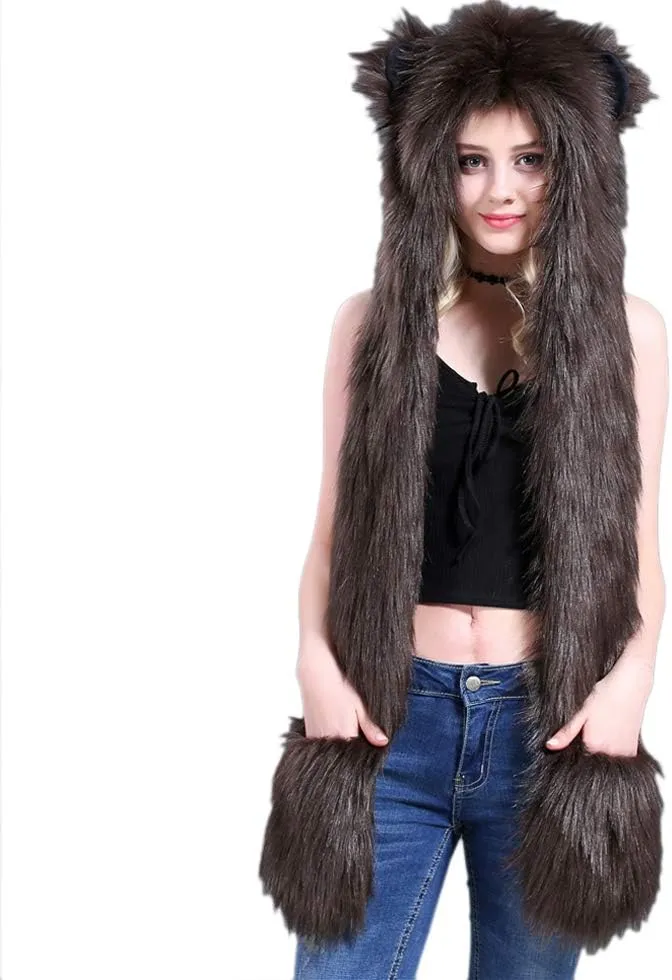 3 in 1 Function Faux Fur Animal Hood Hat Scarf and Paw Glove Furry Hoodie
