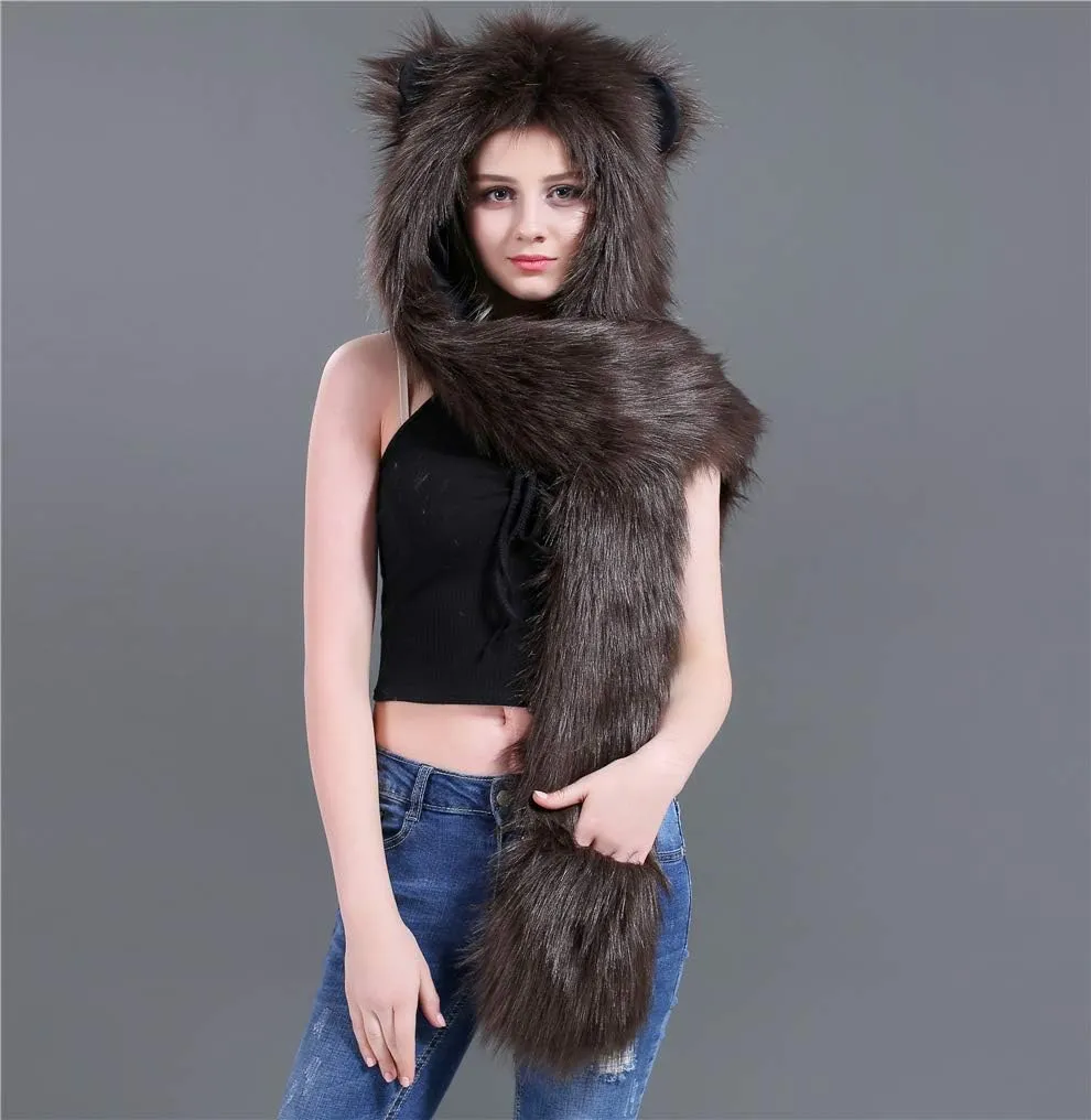 3 in 1 Function Faux Fur Animal Hood Hat Scarf and Paw Glove Furry Hoodie