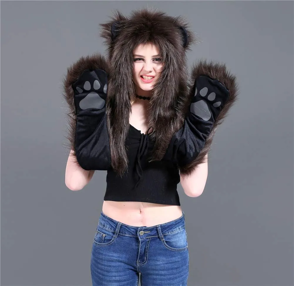 3 in 1 Function Faux Fur Animal Hood Hat Scarf and Paw Glove Furry Hoodie