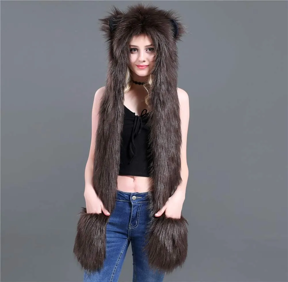 3 in 1 Function Faux Fur Animal Hood Hat Scarf and Paw Glove Furry Hoodie