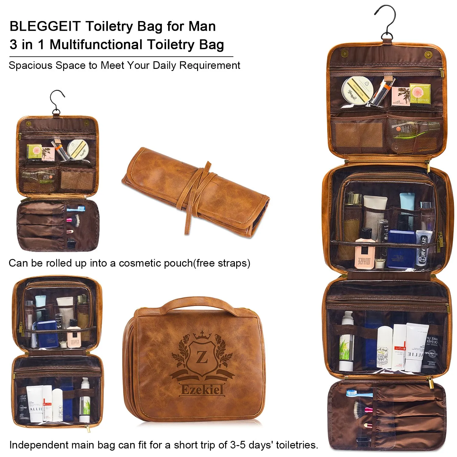 3-in-1 Large Personalized PU Leather Toiletry Bag For Men, Custom Groomsmen Gifts Hanging Travel Organizer Bag, Laser Engraved Name Monogram Shaving Kit Anniversary Gift For Him Husband Father Dad Dop